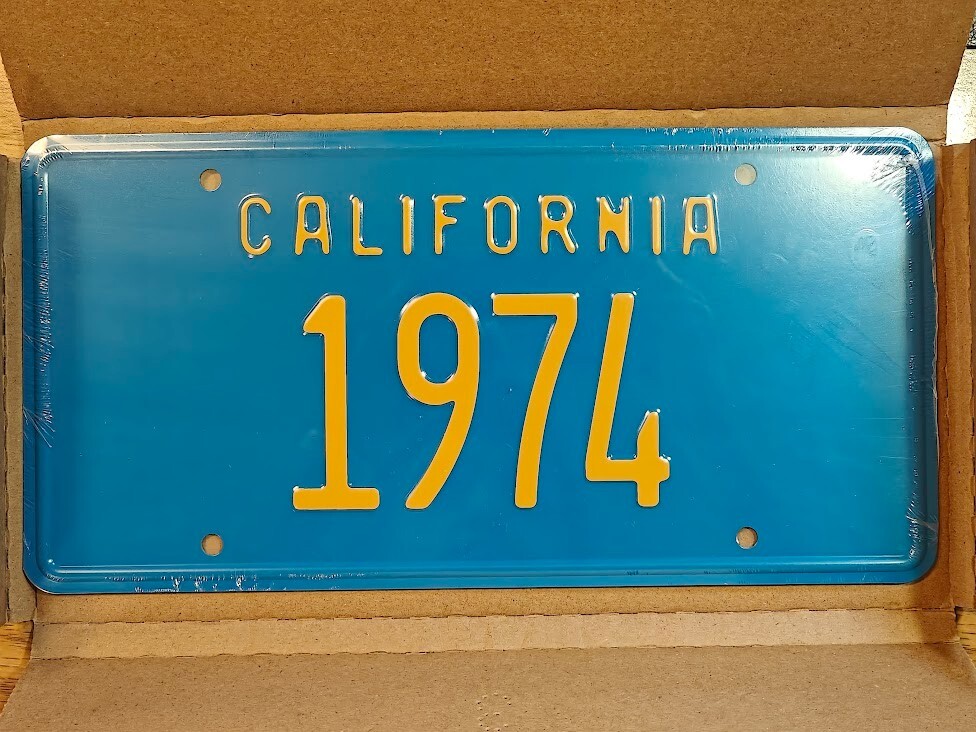1974 Stamped Metal License Plate Cali California Blue Yellow Vintage Reproduct.