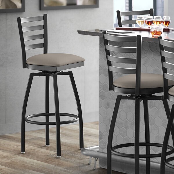 10 PACK Black Ladder Back Swivel Metal Restaurant Barstool With Dark Gray Vinyl