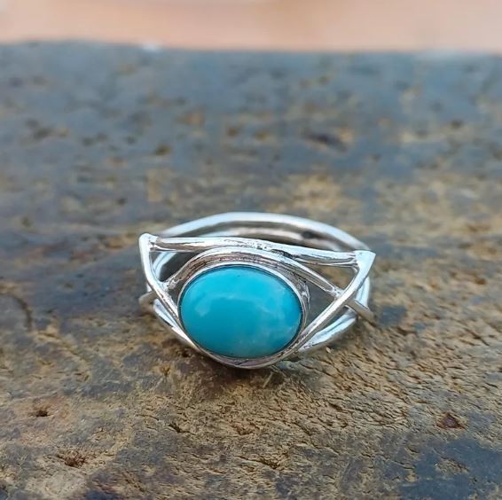Handmade Larimar Ring Oval Gemstone 925 Sterling Silver Boho Ring All Size R 580