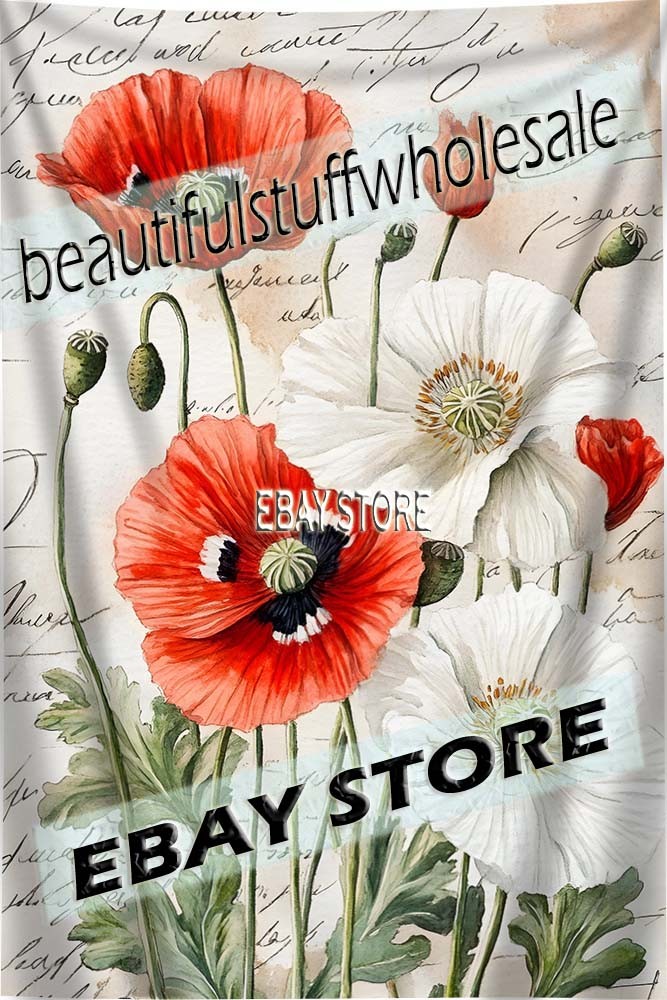 Poppy Garden Tapestry Wildflowers soft watercolor wall hanging 59X82 in