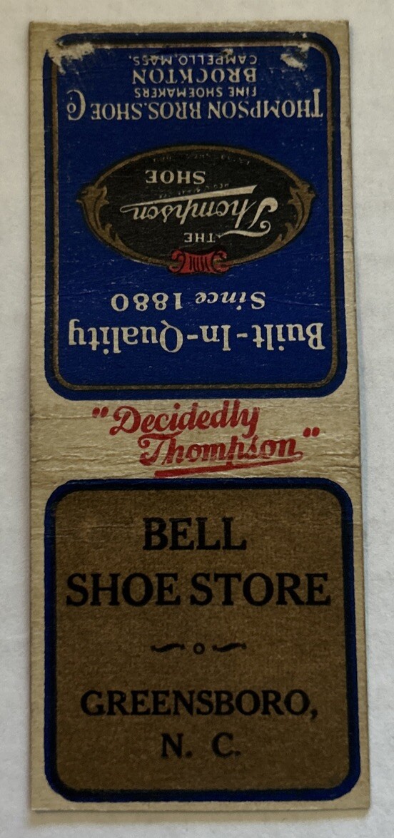 VINTAGE THE THOMPSON SHOE MATCHBOOK COVER, BELL SHOE STORE GREENSBORO, N.C.