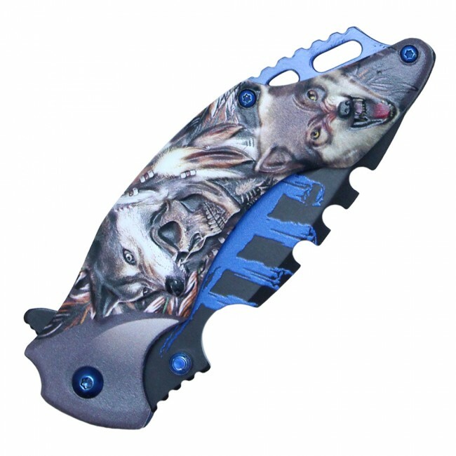 Spring-Assist Folding Knife | Wartech 3.5" Black Blade Fantasy Skull Wolf - Blue
