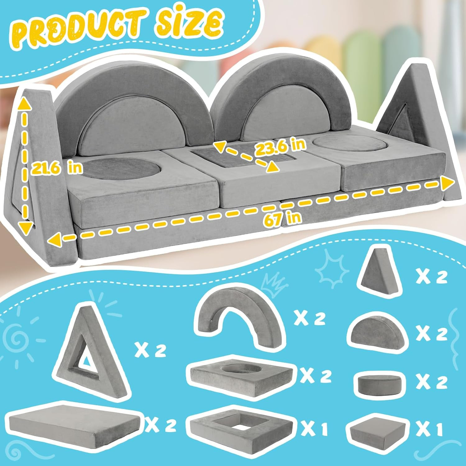 16PCS Convertible Kids Play Couch - Washable Foam Sofa for Creative Fun (Grey)