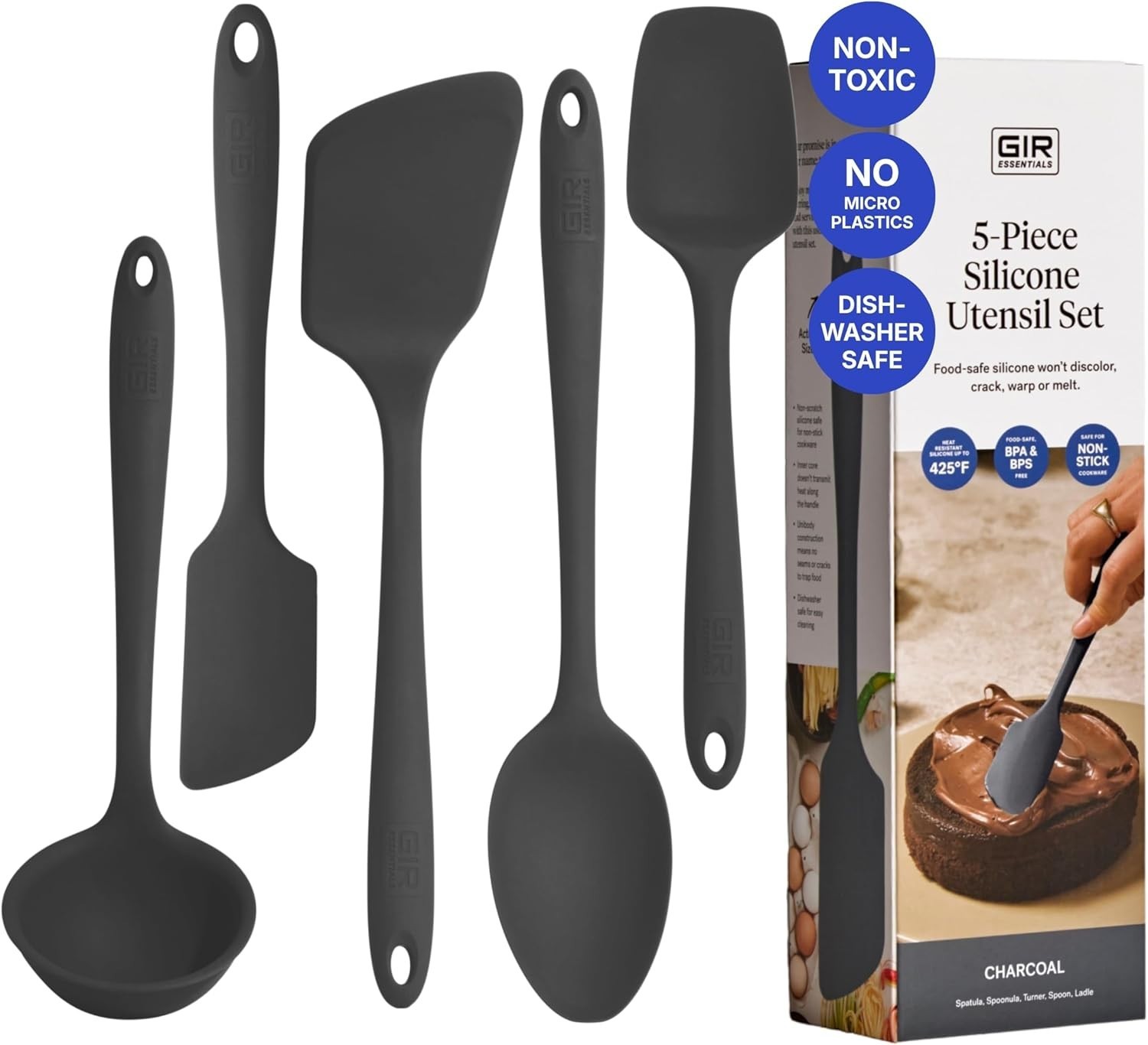 GIR 5-Piece Silicone Kitchen Utensils Set, Non-Toxic Cooking Utensils Charcoal