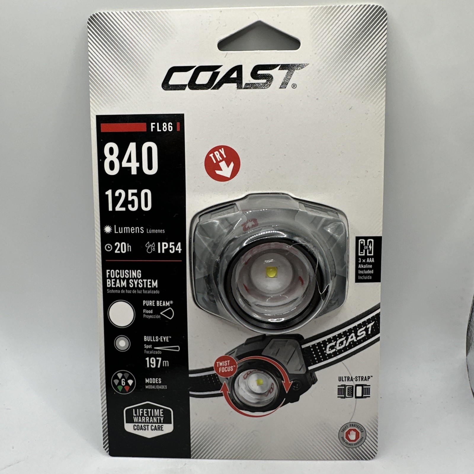 Coast FL86 Dual Power LED Headlamp 840 Lumens Twist Focus Flood Spot Beam IP54.
