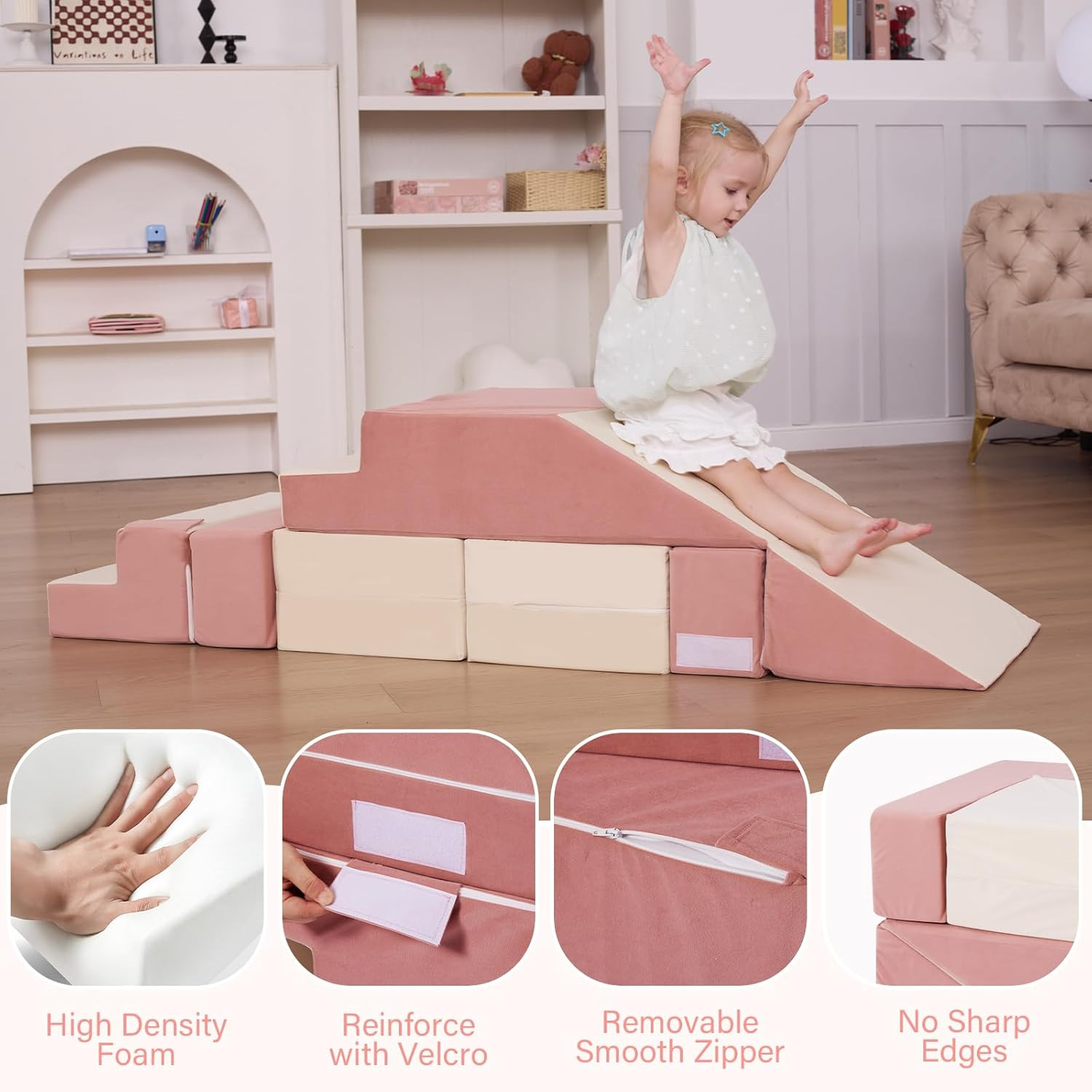 Modular Kids Couch with Ottomans, Foam Blocks & Slide for Playroom Fun