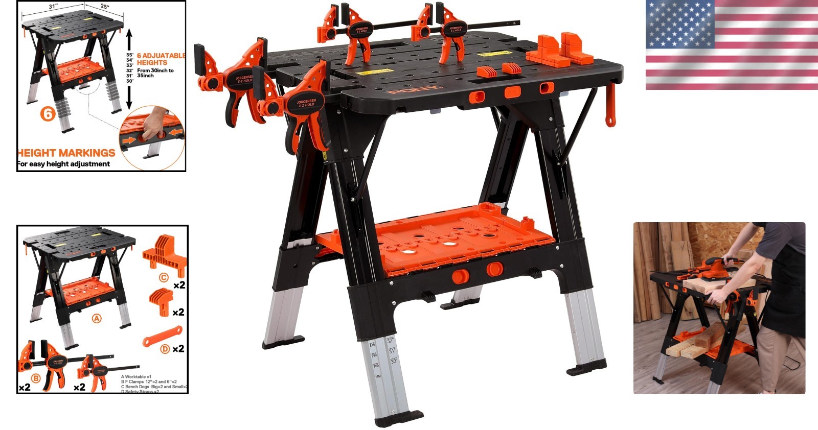 Pony Portable Folding Workbench 2-in-1 with 500 lbs Capacity & Adjustable Height