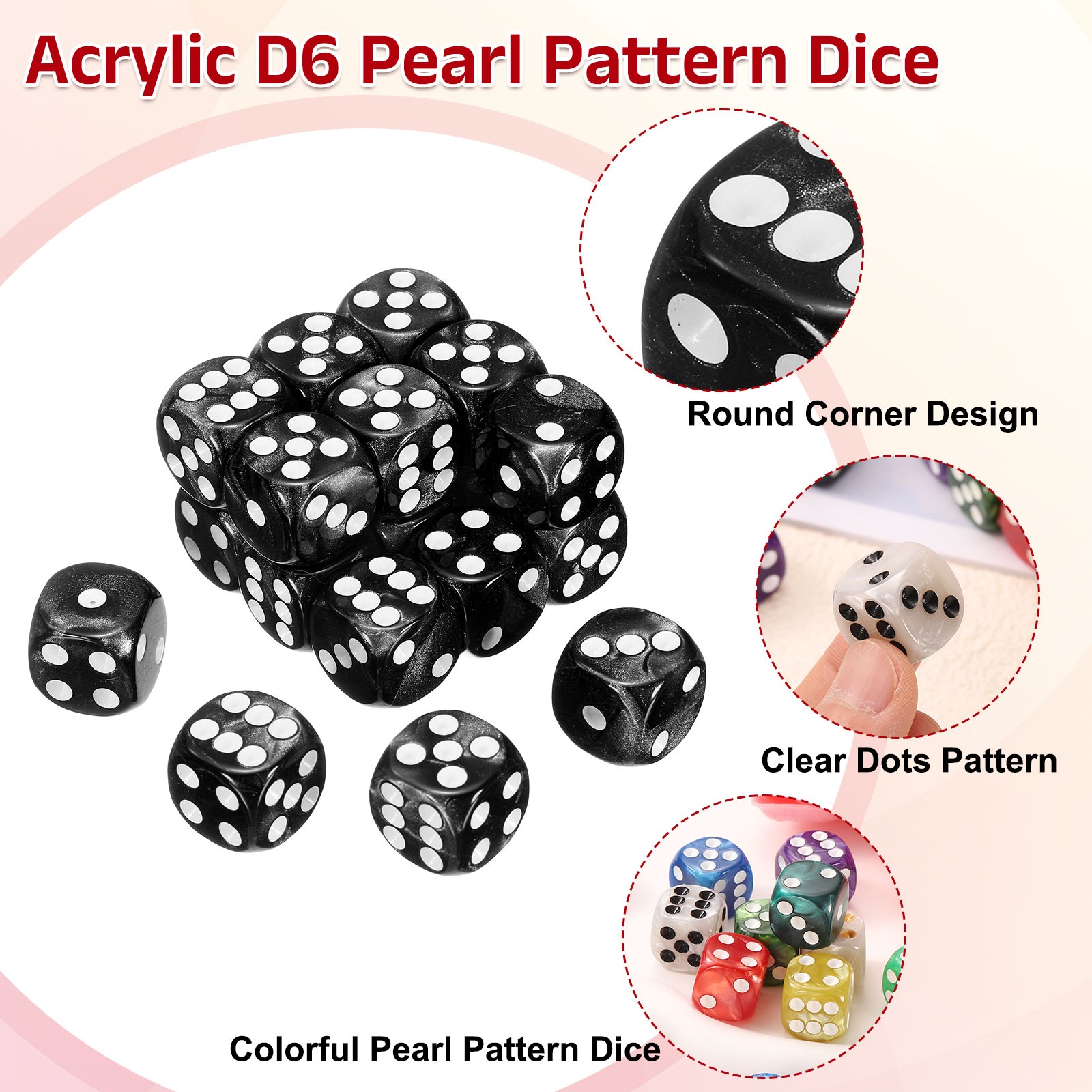 24Pcs 6 Sided Colored Standard Dice, Acrylic D6 Pearl Pattern Dice, Black