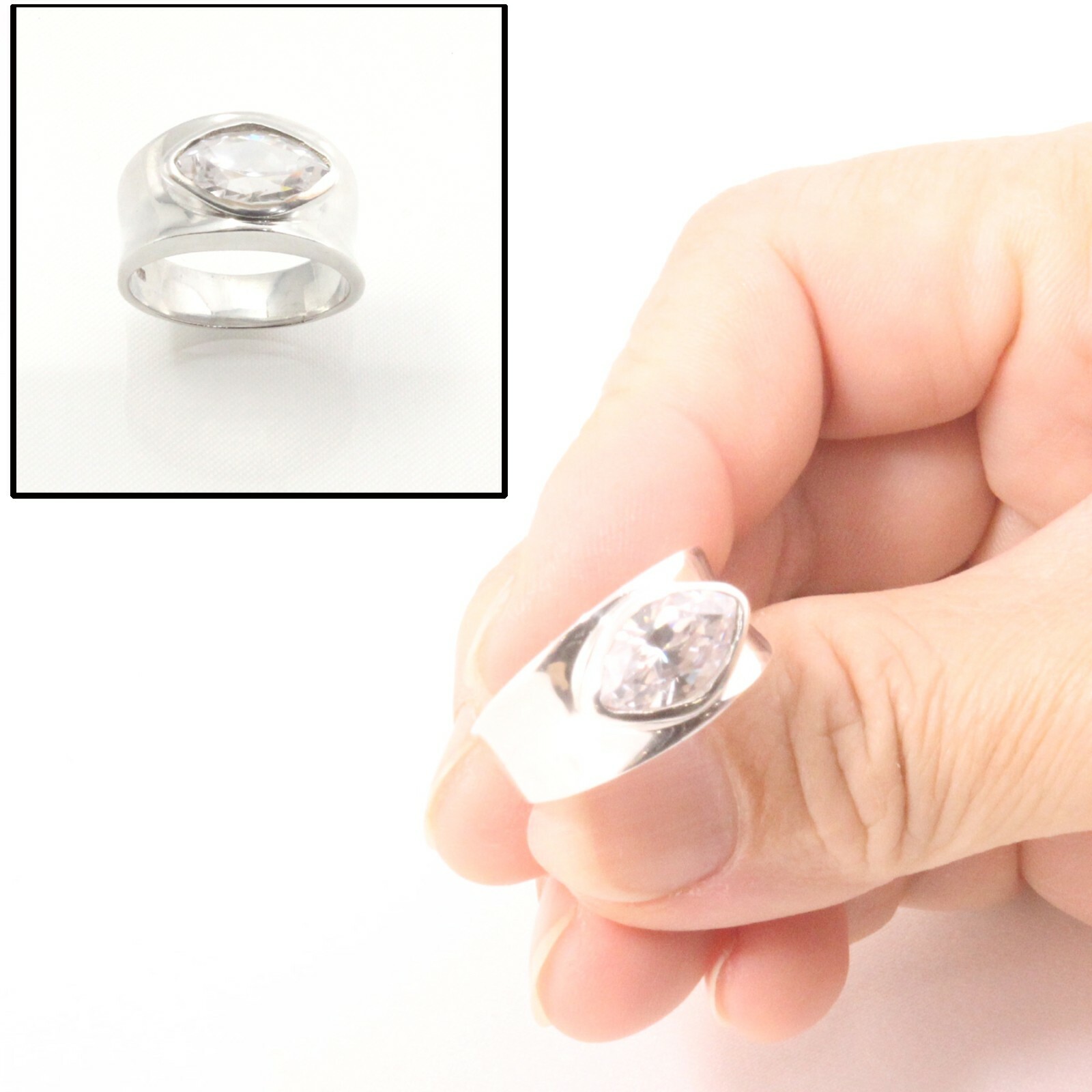 Sterling Silver Cubic Zirconia Solitaire Ring (Marquise Cut)