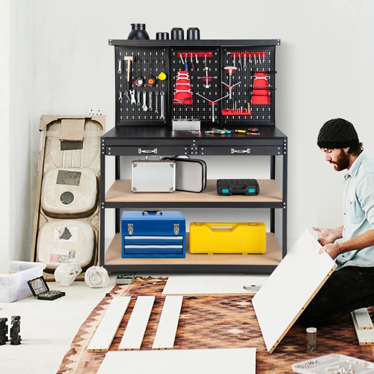 Workbench Multi Purpose Garage Wood Work Table Tool Organizer w/Drawers & Hooks