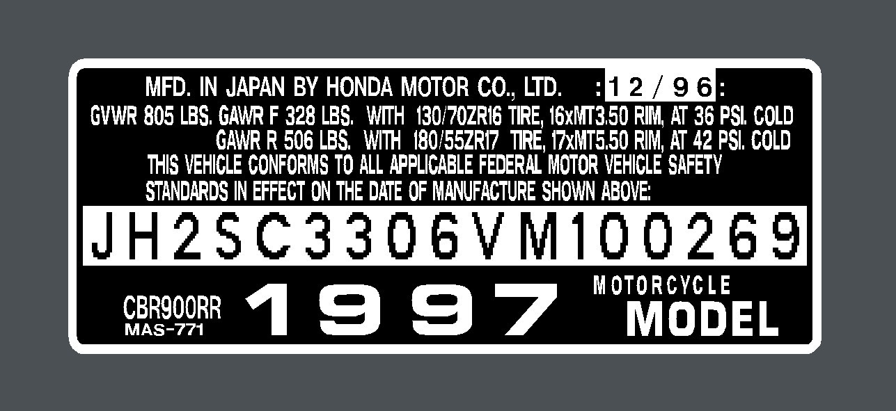 HONDA  CBR900RR HEADTUBE TAG 1997 THRU?  / REPRO DECAL