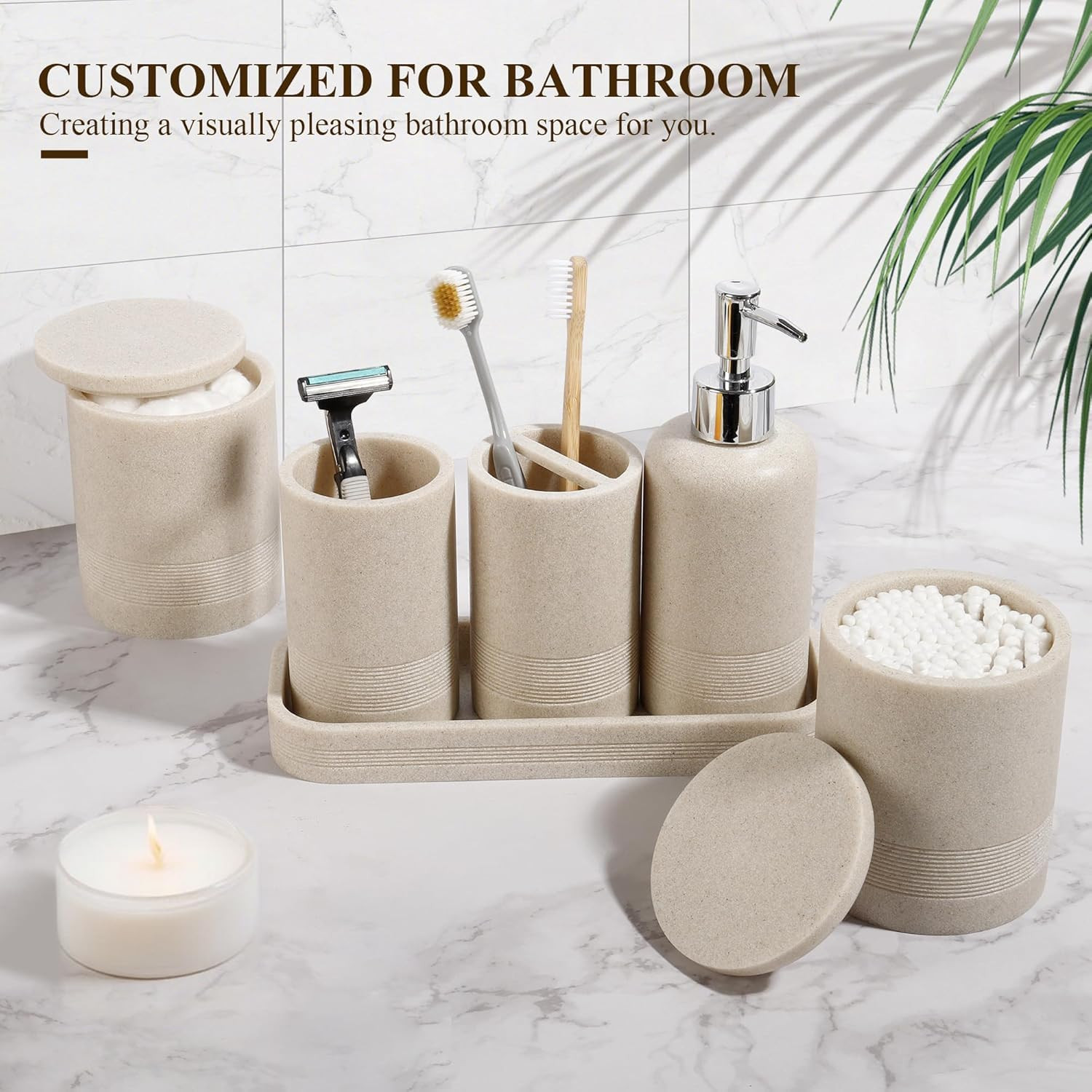 6-Piece Modern Bathroom Accessories Set in Beige - Organizer & Dispenser