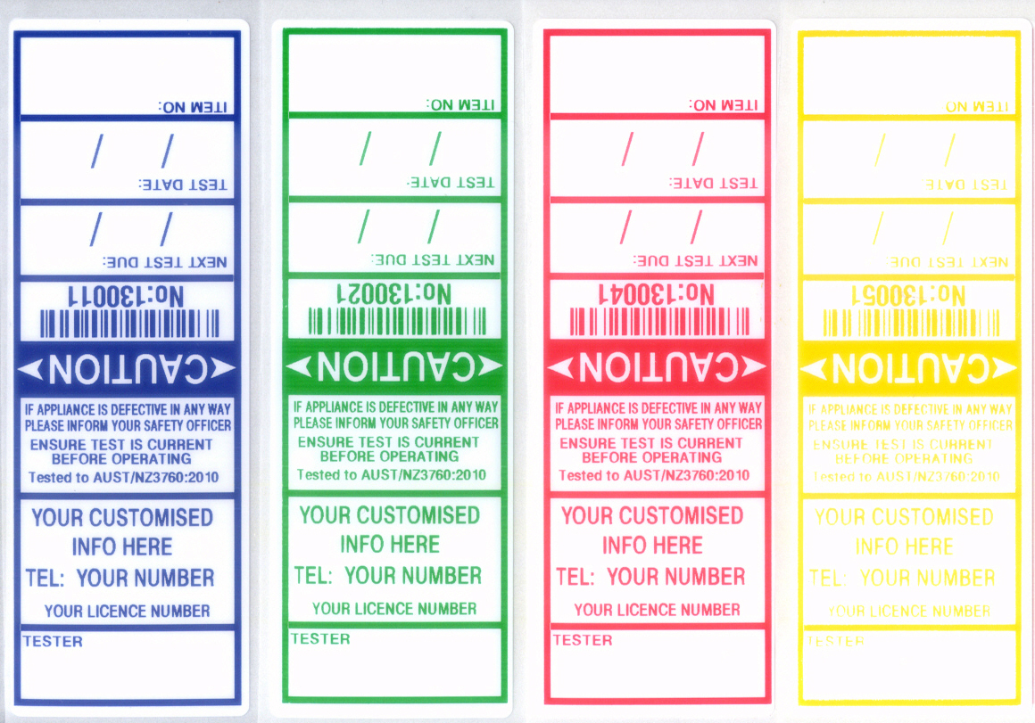1000 ELECTRICAL TEST TAGS / LABELS. MIXED COLOUR PACK, INCLUDES FREE CUSTOMISING