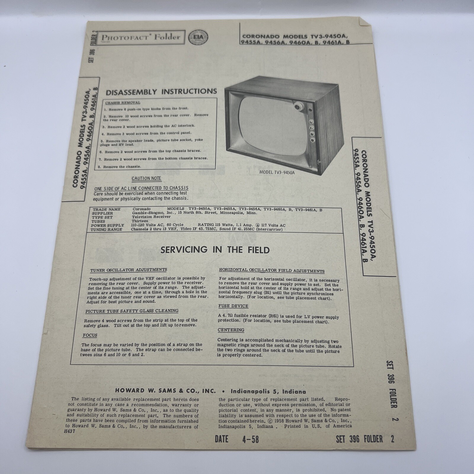 Vintage 1958 SAMS PHOTOFACT Manual Schematic Coronado TV3-9450A TV Television