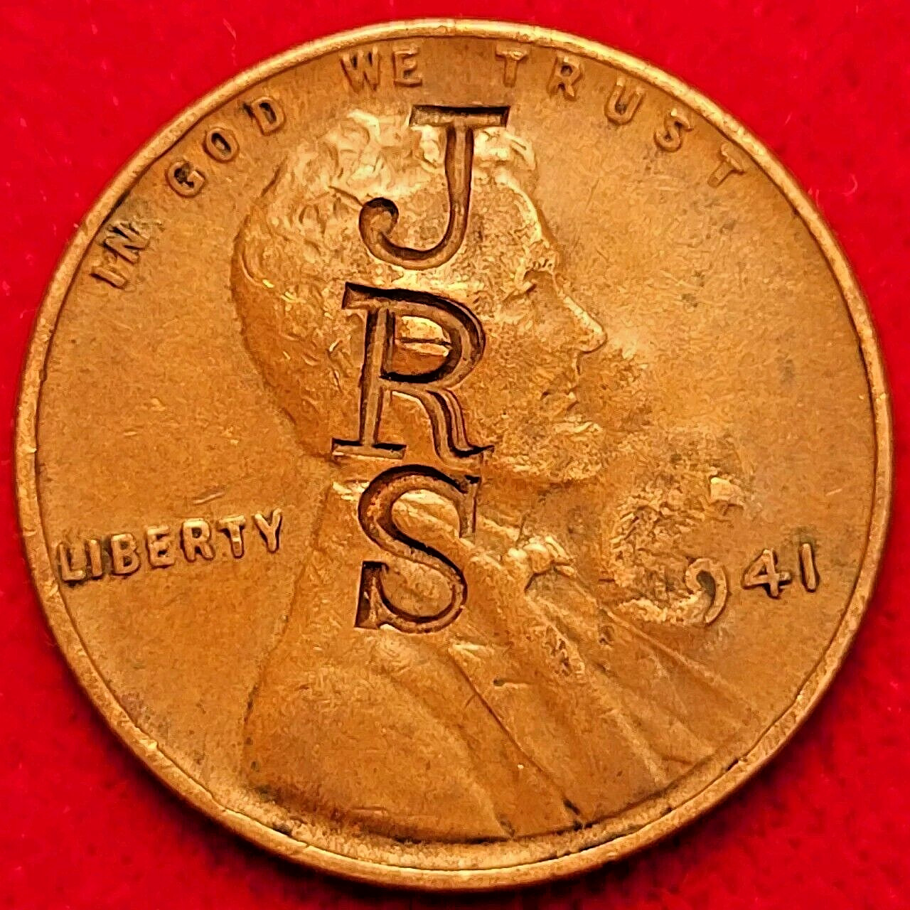 1941 WWII Wartime 2 Sided Counter Stamp, "JRS", "JOE" U.S. Wheat Small Cent Coin