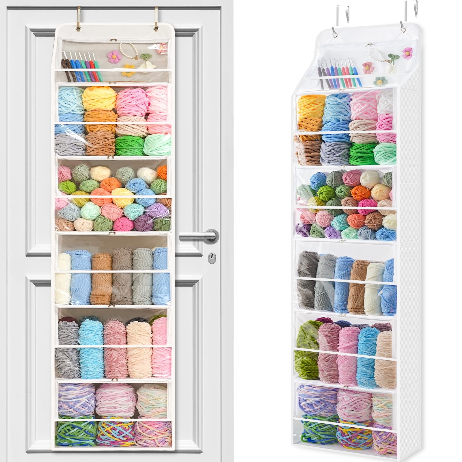 Hanging Yarn Storage Organizer with 6 Zippered Closure Clear White