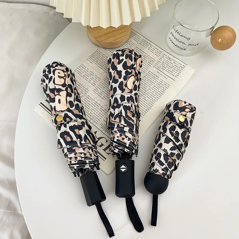 Leopard Print 3 5 Folding Rain Umbrella Automatic Manual Creative Outdoor Windpr