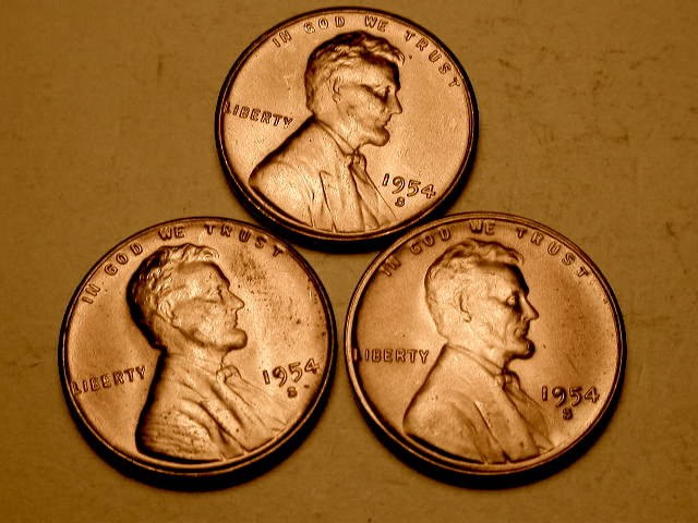 3 Different 1954-S Ch/Gem BU Red Uncirculated Lincoln Cent Filled "9" Errors#2