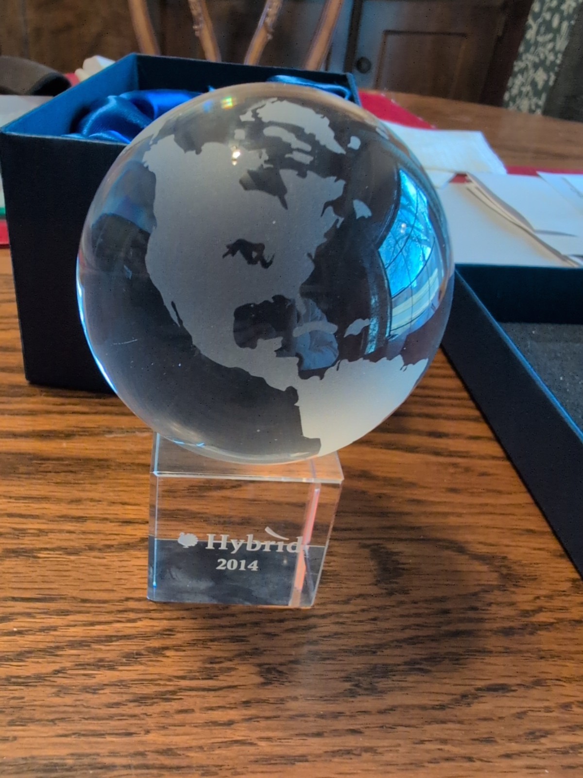 Hybrid Boxed Crystal & Frosted Etched World Globe 3" H With Crystal Stand & Box