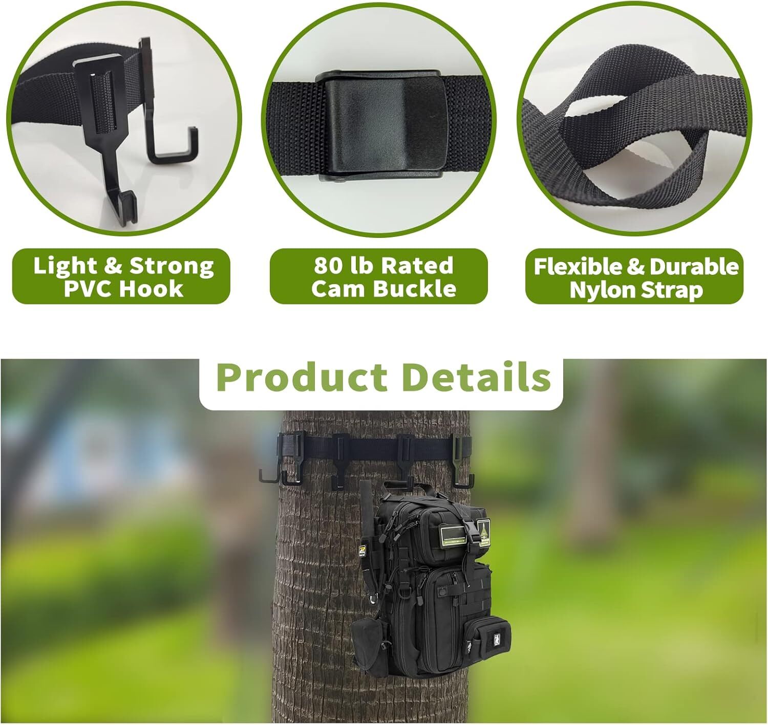 Treestand Strap Gear Hangers with Large Hooks, Lightweight Multi-hook Accessory