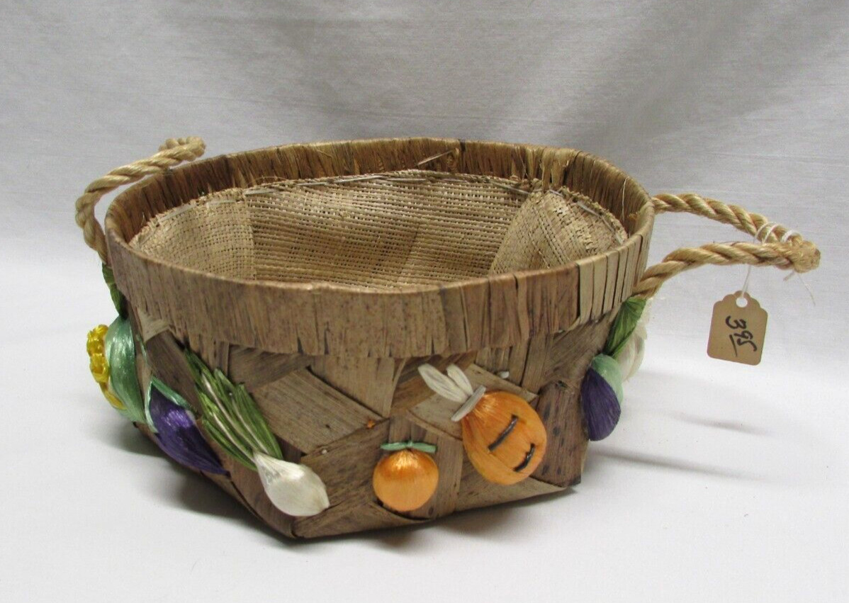 Vintage Handmade Raffia 8in Fruit Basket Burlap Lined Made in Philippines
