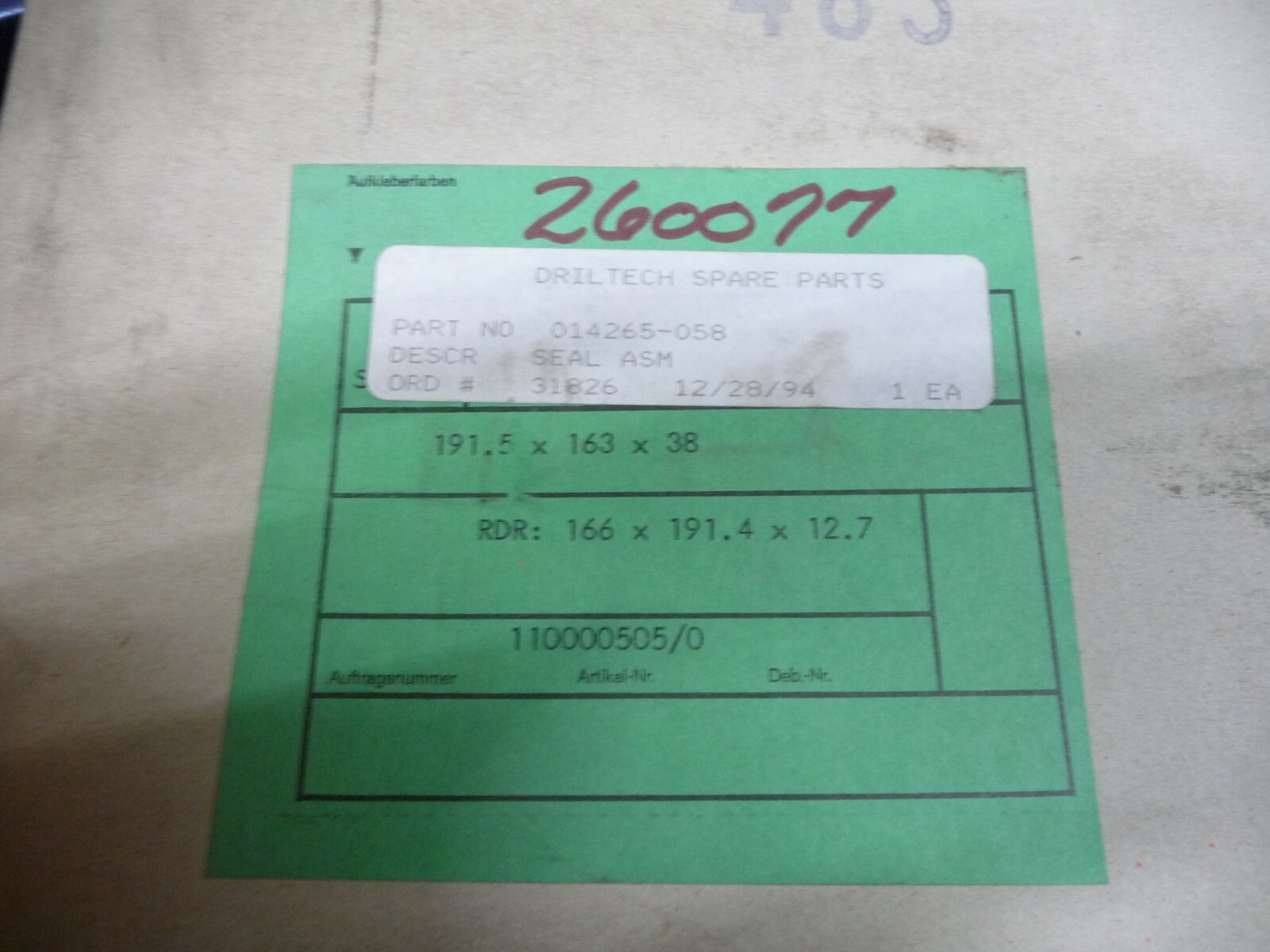 Sandvik / Driltech Seal ASM 014265-058