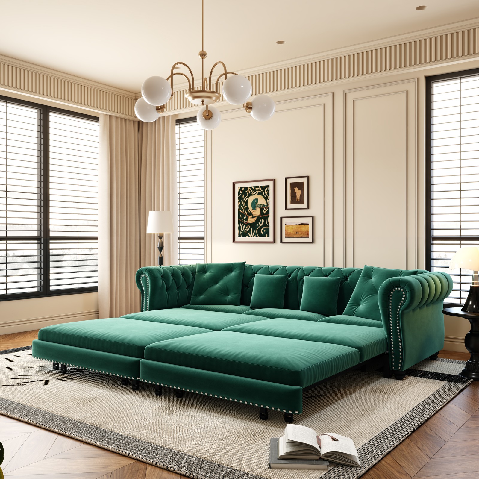 Chesterfield Sofa, 89 " W 3-in-1 Pull-Out Sofa Bed, Convertible Sleeper Sofa Bed