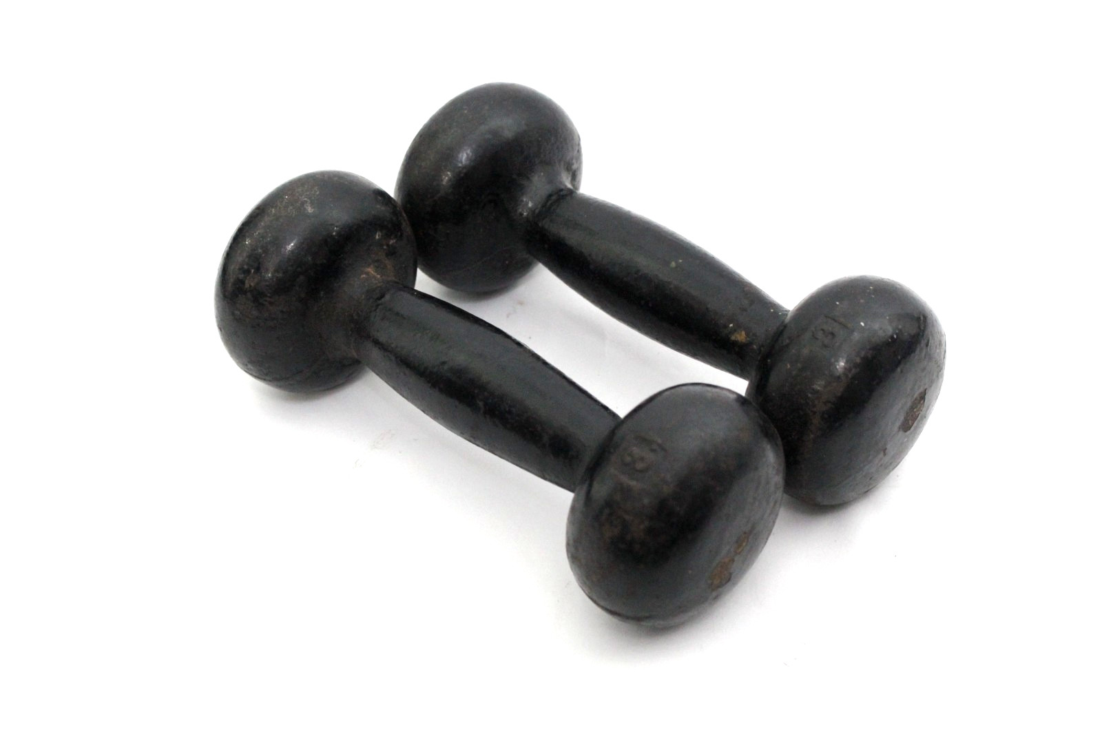PAIR antique Oval Head 3Lb Dumbbells Unbranded  Cast Iron 6 Lb Total marked 3