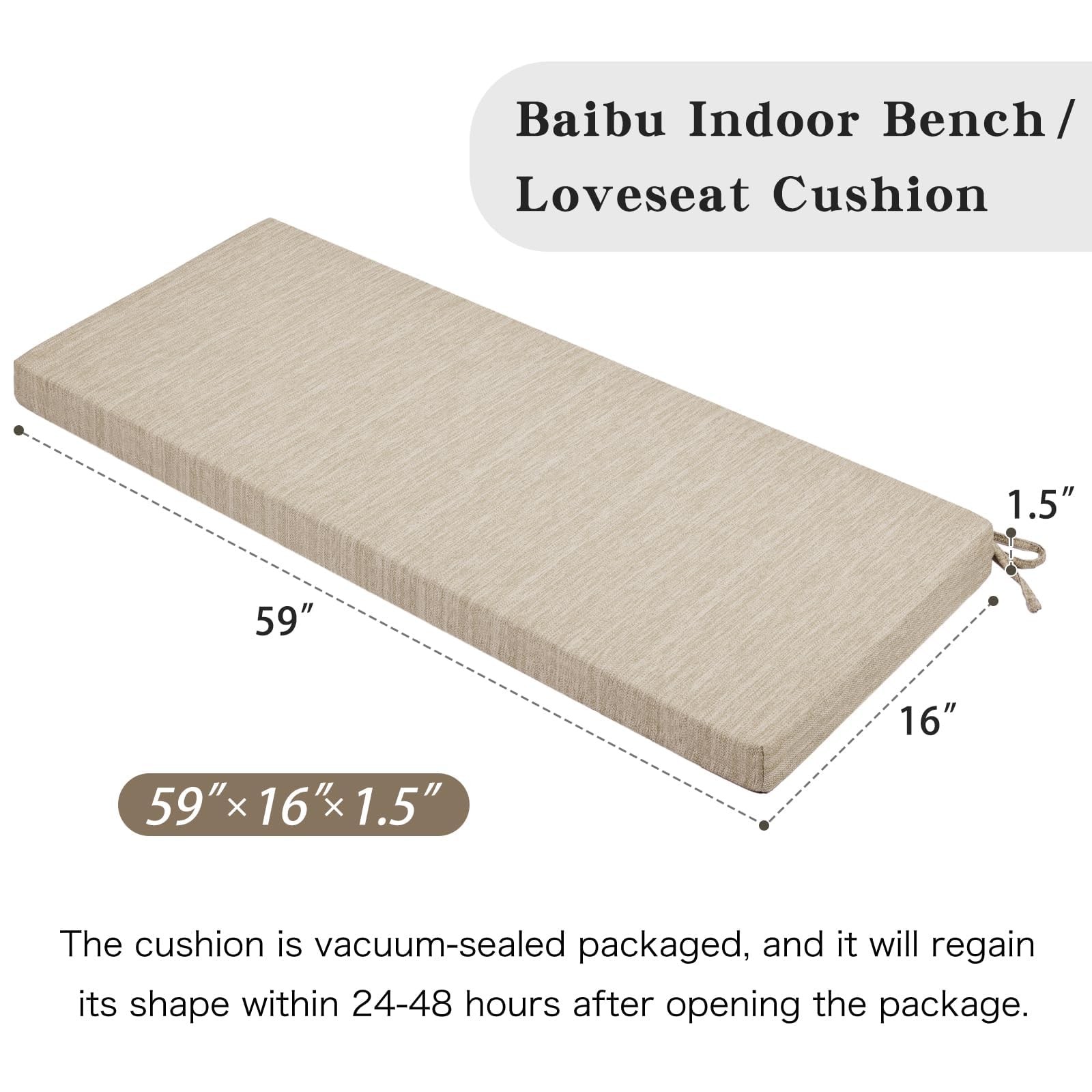 baibu 59 Inch Classic Solid Color Bench Cushion with Ties, NonSlip Indoor Rec...