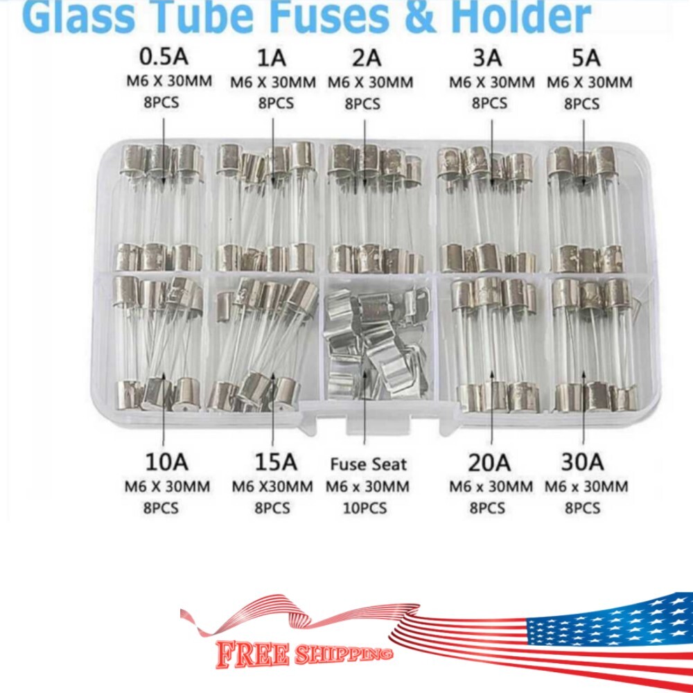 72X Car Boat Quick Blow Glass Tube Fuse Assorted Kit Fastblow Glass Fuses 6*30mm