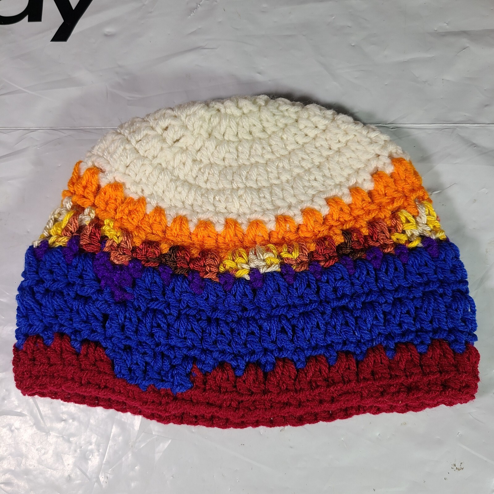 Hand Crocheted Beanie Hat Stretchy Cable Knit Blue w/ Multicolor Blue Red Orange