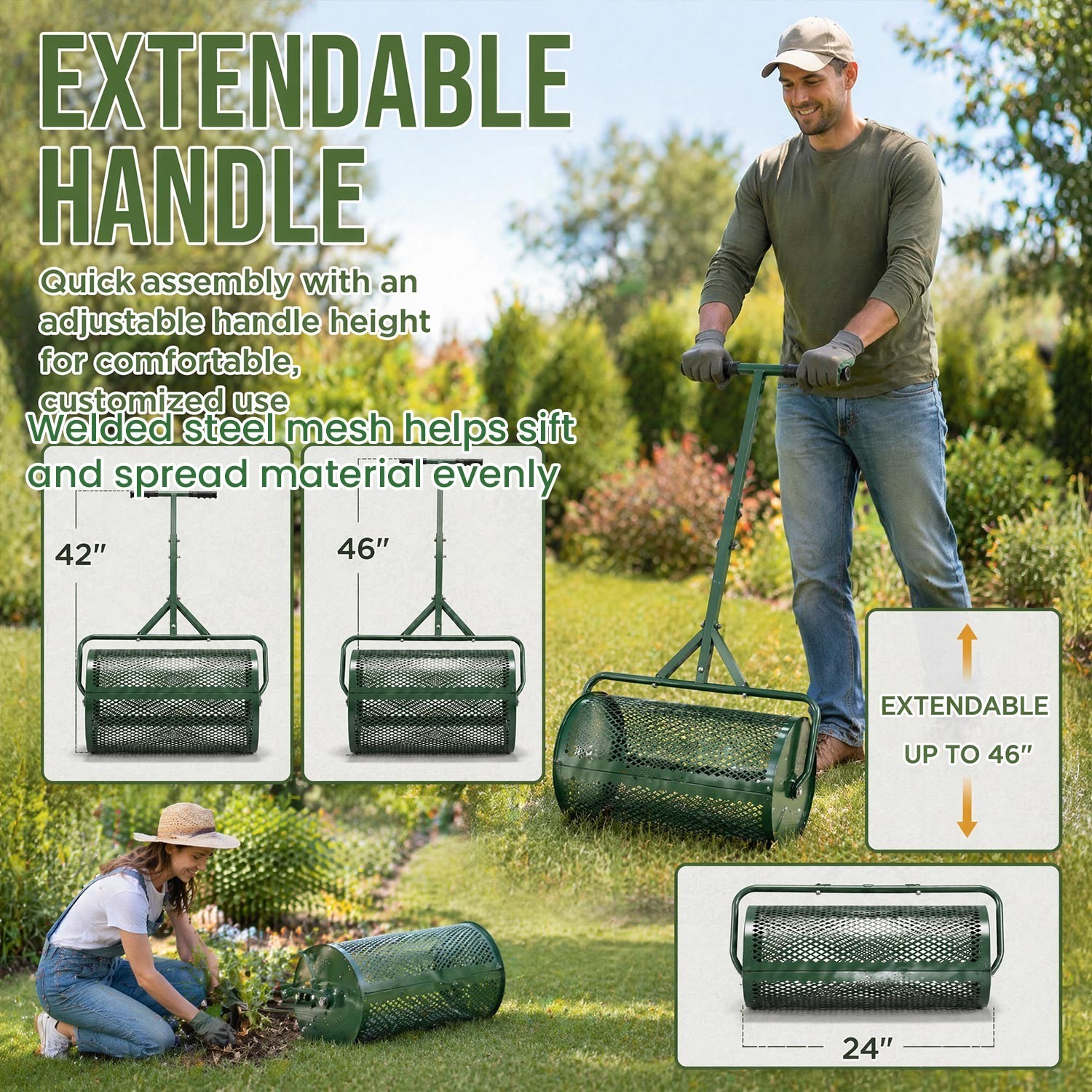 24" Peat Moss Spreader Heavy Duty Compost Roller Adjustable T Handle Lawn