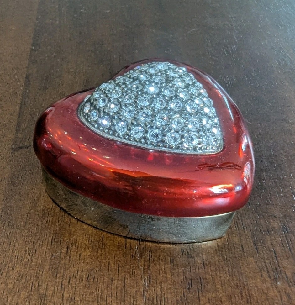 Hinged Magnetic Jeweled Metal Trinket Box Red Heart With Crystals 2" Ring Holder