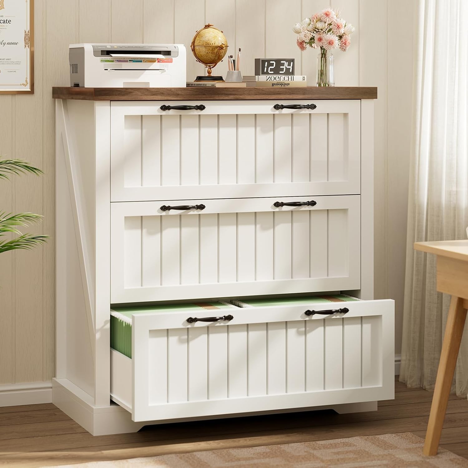 White + Brown, Lateral File Cabinets with Printer Stand, Wood Office File