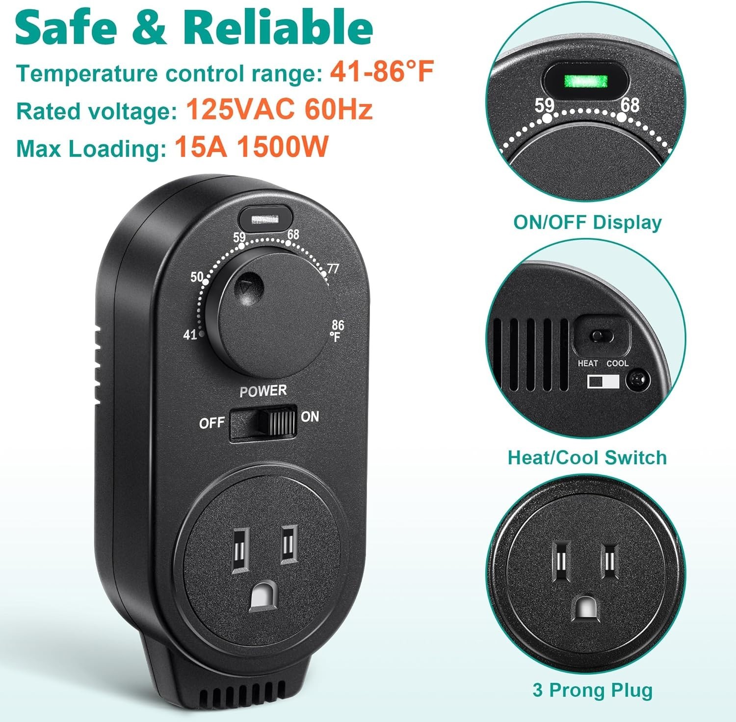 Adjustable Thermostat, Plug in Heating And Cooling Thermostat Controlled Outlet