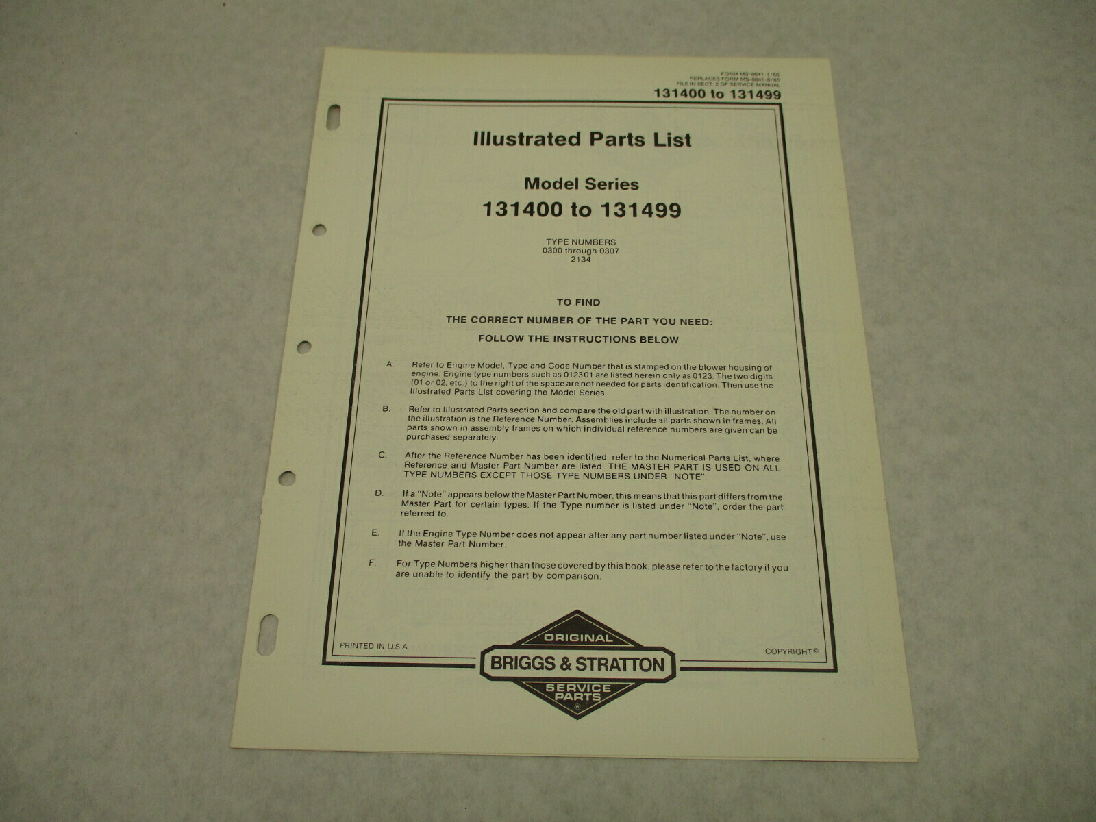 MS-8641-1/86 Briggs & Stratton Illustrated Parts List for Model 131400-131499