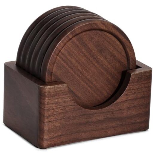 Wood Coasters with Holder,  Set of 6 Walnut Wooden 6 Pieces With Wooden Holder