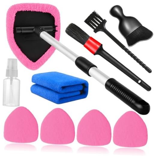 10pcs Windshield Cleaning Tool Inside Car Window Cleaner Wash Kit with 4 Pink