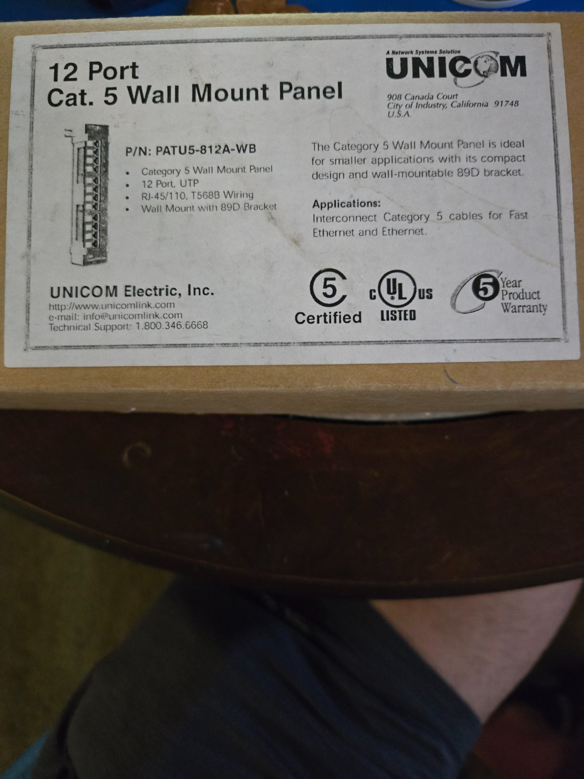 UNICOM PATU5-812A-WB 12-Port Cat5 Wall Mount Patch Panel RJ45 T568B NOS New