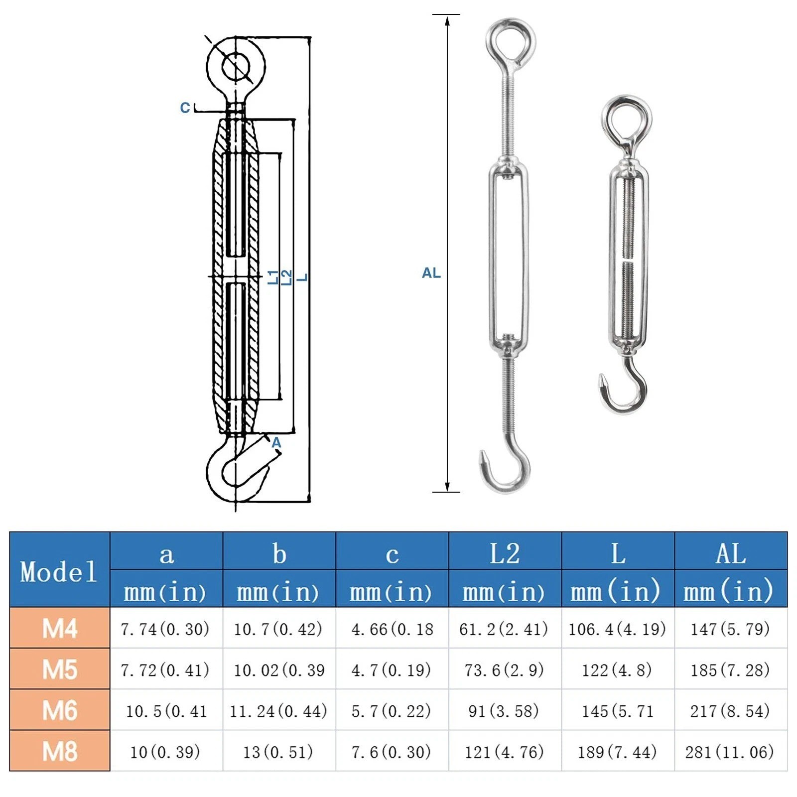 M6 1/4 inch Turnbuckles Hook 304 Stainless Steel Turnbuckle Heavy Duty Wire R