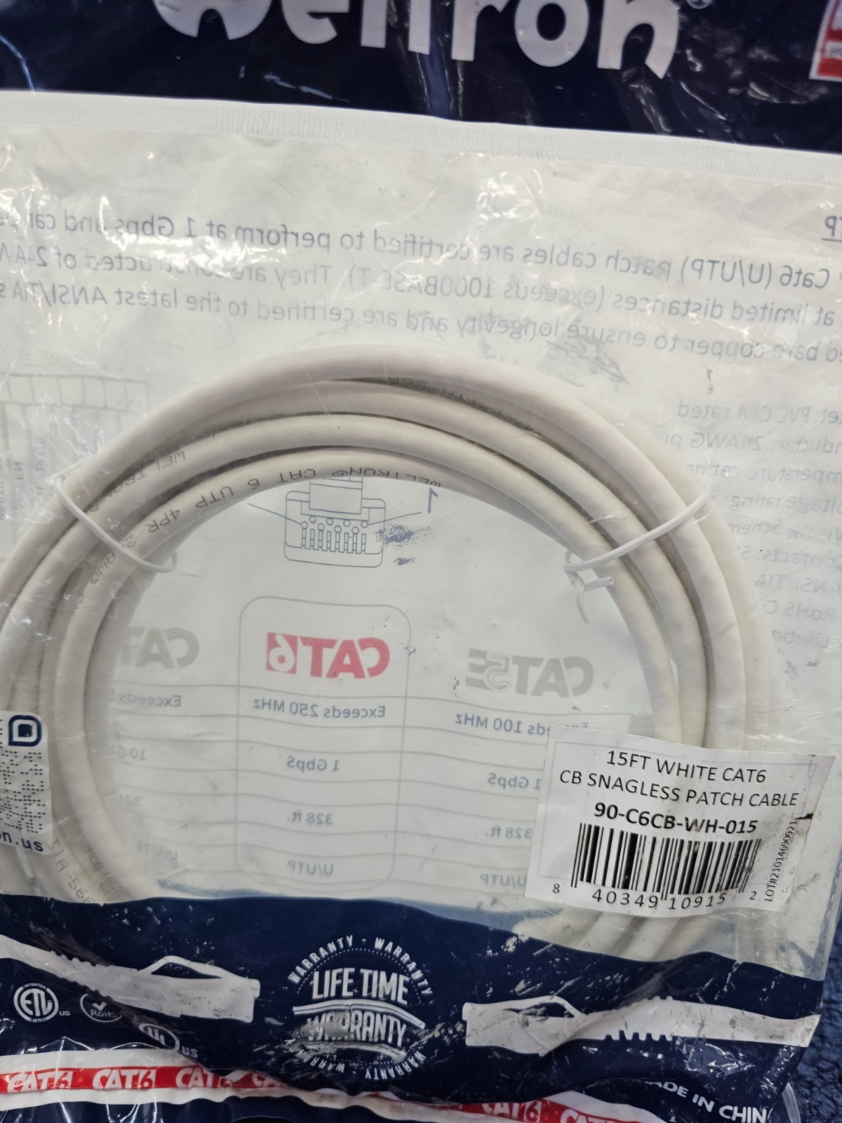 WELTRON 90-C6CB-WH-015 Cat6 Clear Easy Tab Patch Cable, 15', White