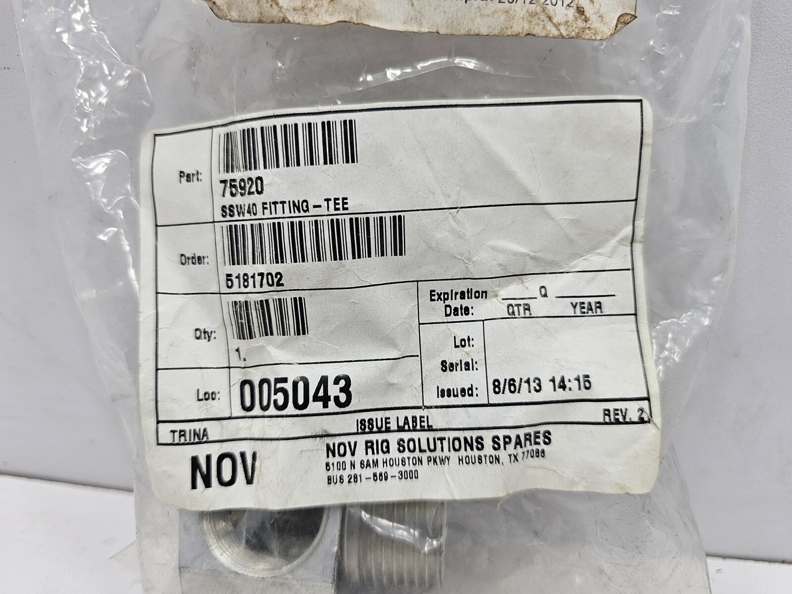 75920 FITTING TEE FOR VARCO SSW40 PIPE SPINNER