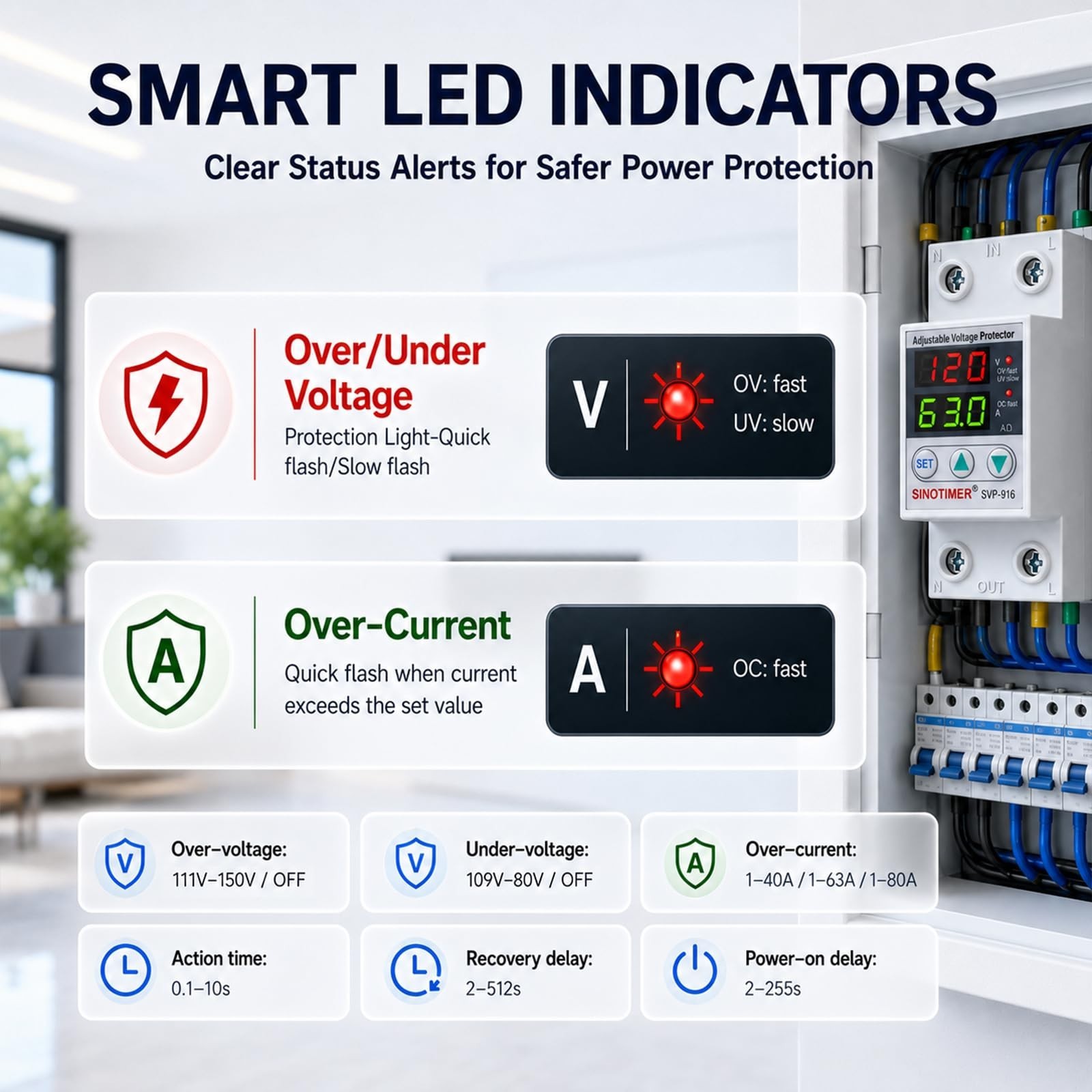 Adjustable Voltage Surge Protector 110VAC 120VAC, 2 LED Displays, Overvoltage...