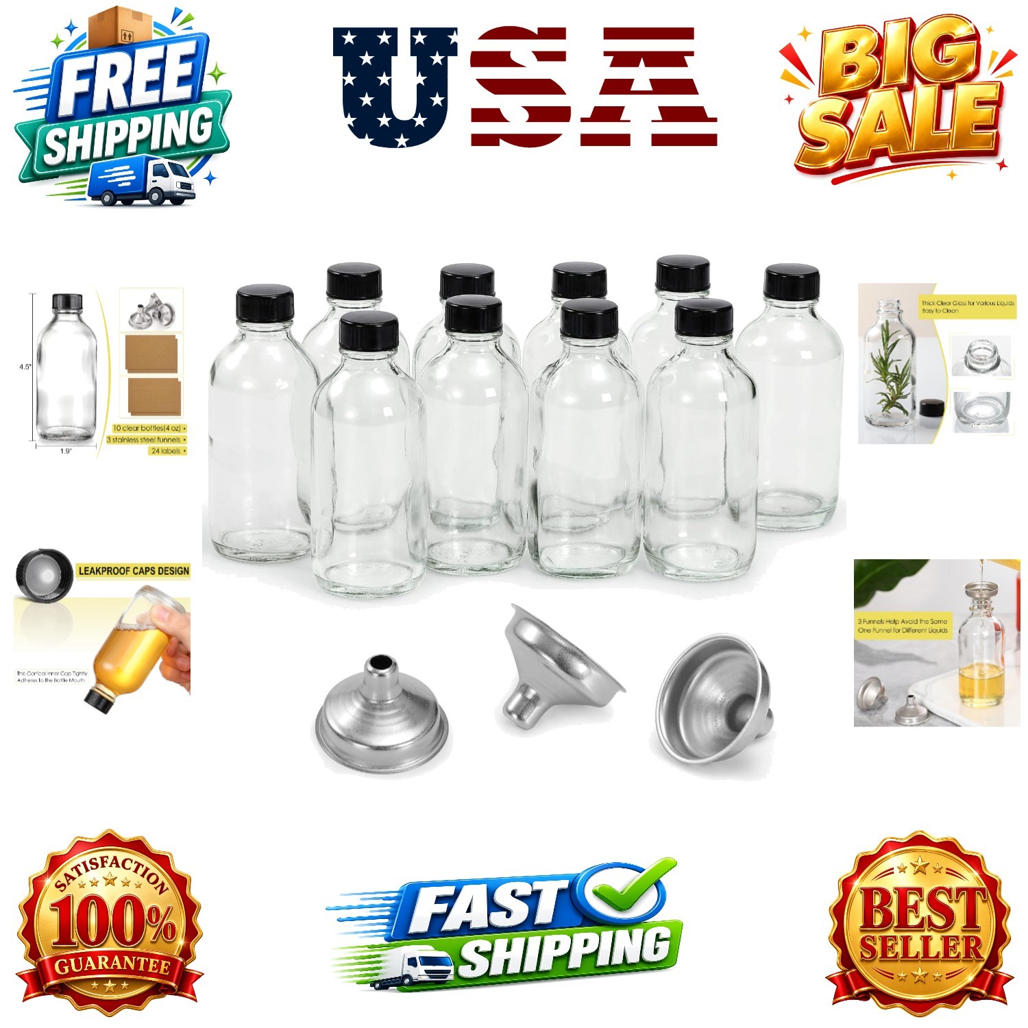 10 Pack, 4 oz Small Clear Glass Bottles w/ Lids & 3 Stainless Steel Funnel - ...