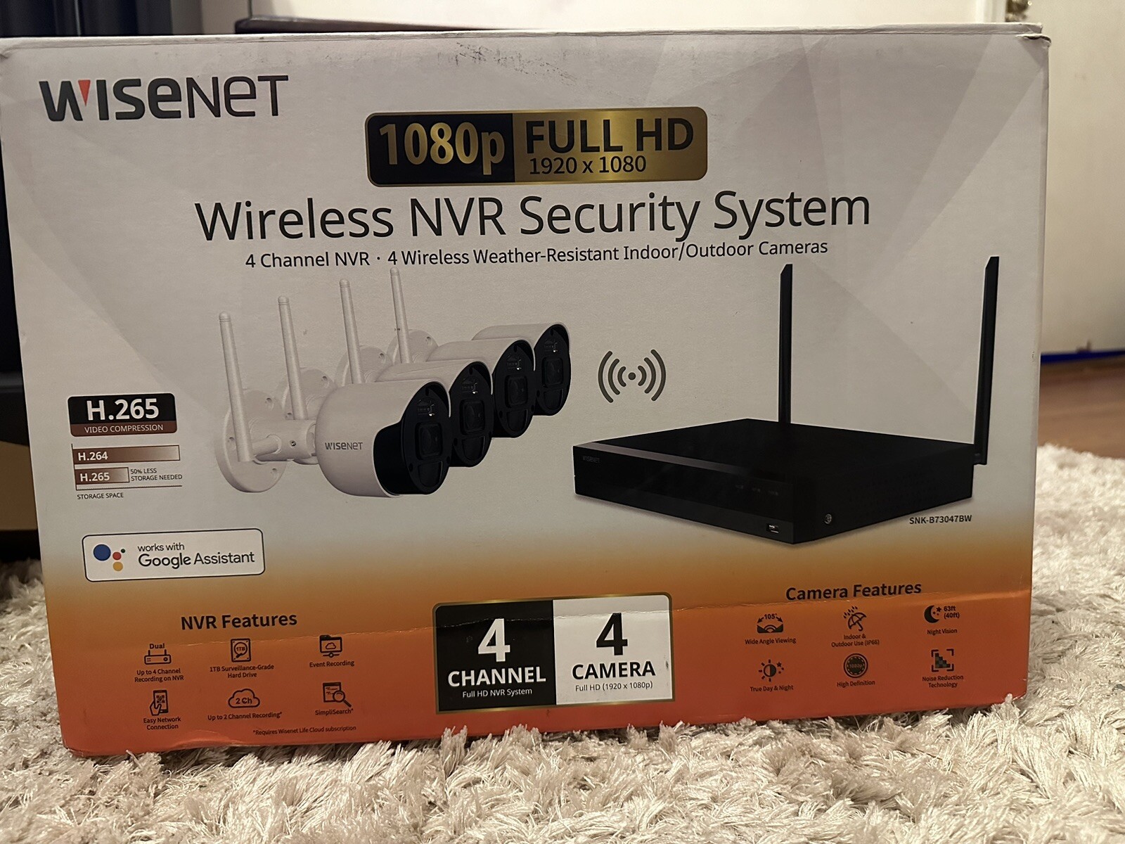Wisenet SNK-B73047BW 1TB HD, 4 Bullet Cameras 1080p Dual Antenna Indoor/Outdoor
