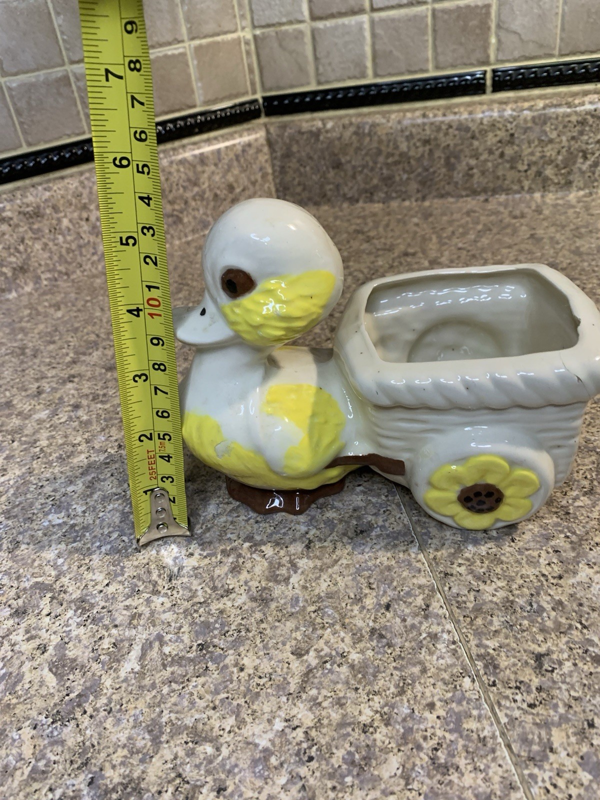 Vtg MCM Glazed Ceramic Duck Pulling Cart Planter - READ