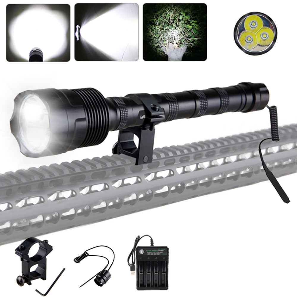 Hunting 3*LED Flashlight Torch 1-Mode Light 20mm Rail Scope Mount w/ Switch