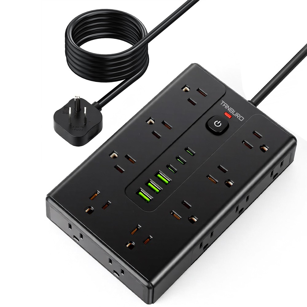 Flat Plug Power Strip with 16 Outlet Extension Cord USB Port Surge Protector