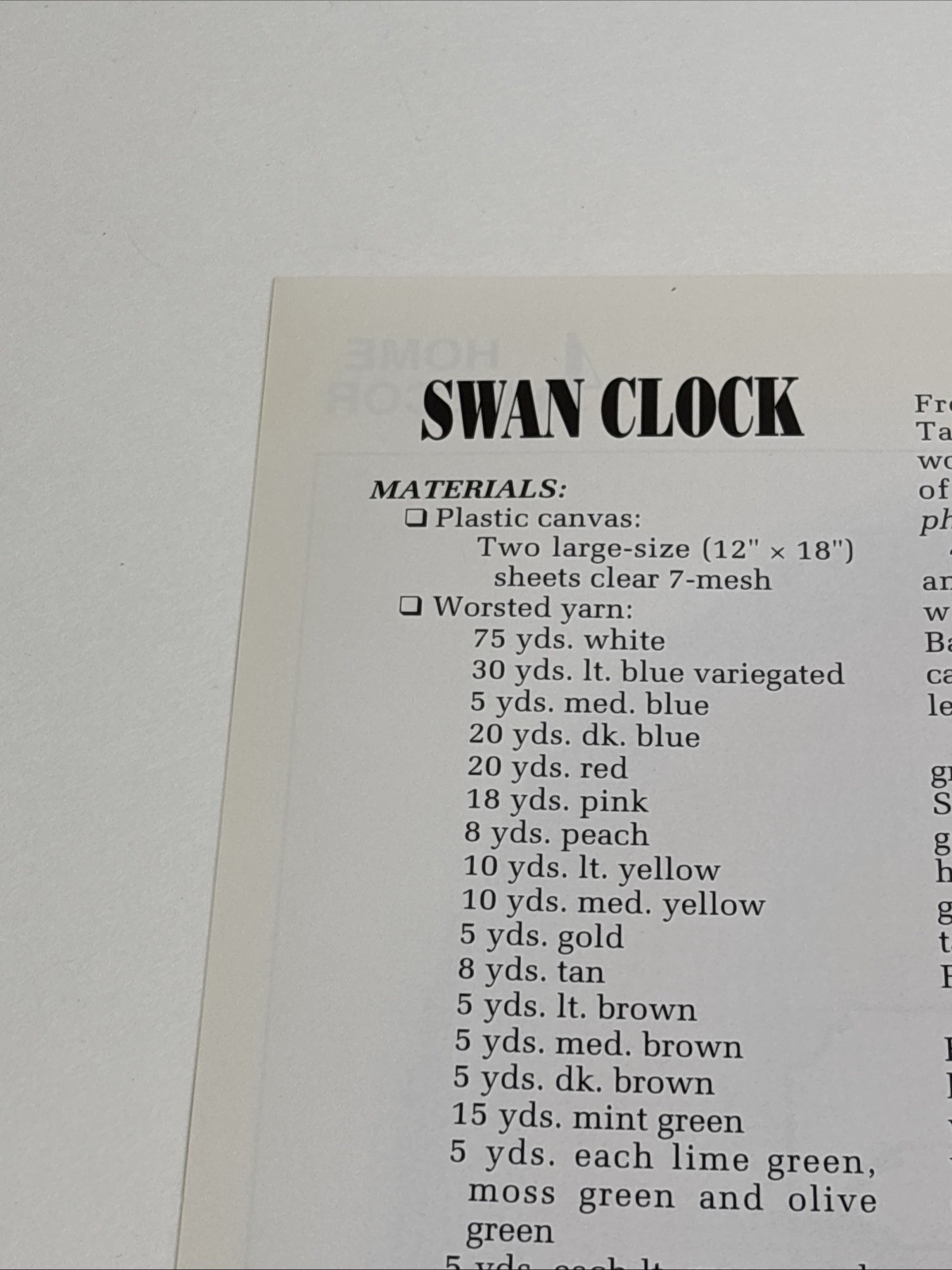 Swan Clock Annie's Attic Plastic Canvas Pattern Page