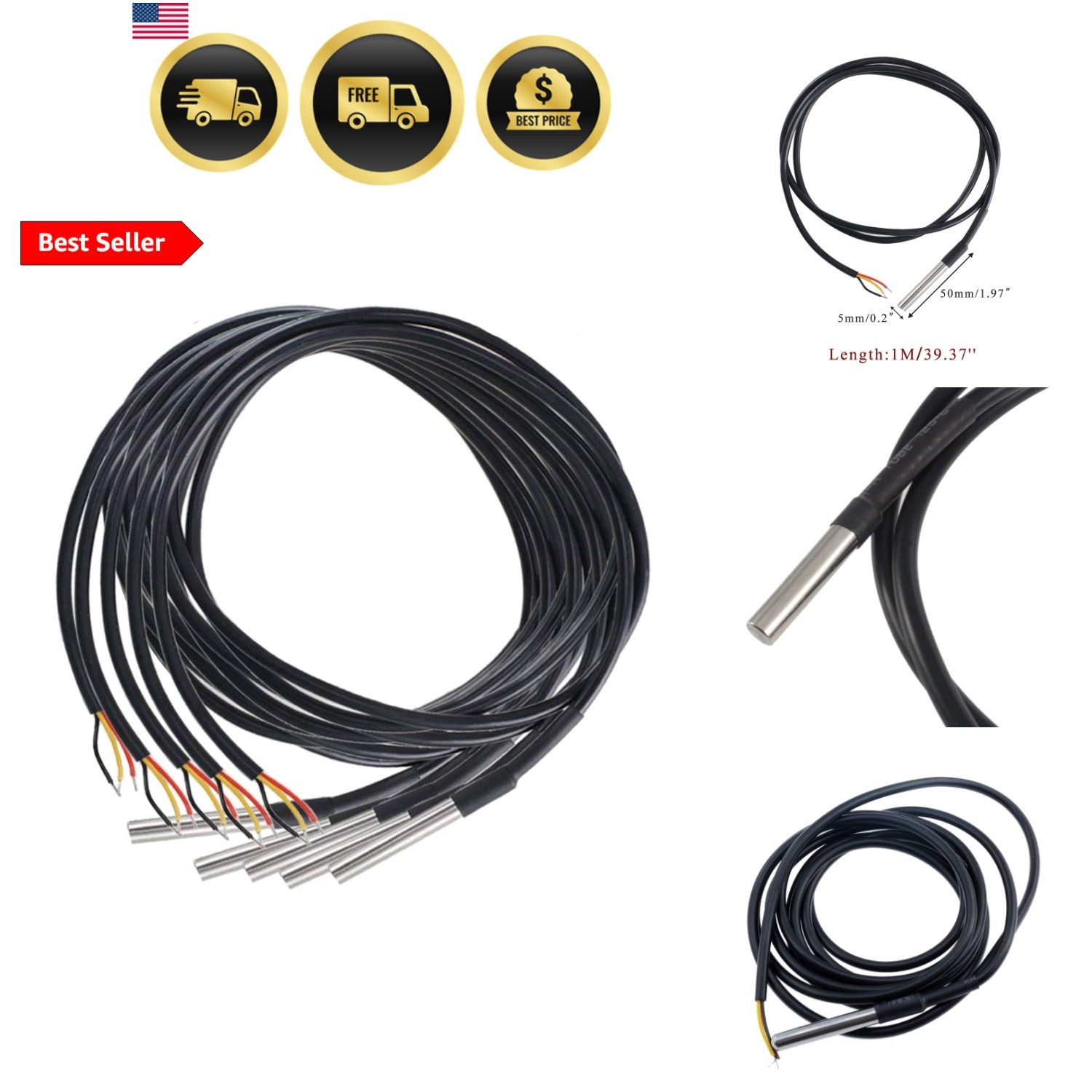 5pcs DS18B20 Temperature Sensor Temperature Probe Stainless Steel Package Wat...